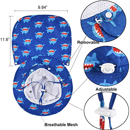 Baby Sun Hat with Removable Neck Flap - Adjustable Safari Toddler Kids Wide Brim UPF50+ Summer Bucket Hat with Chin Strap(Shark, 50cm)