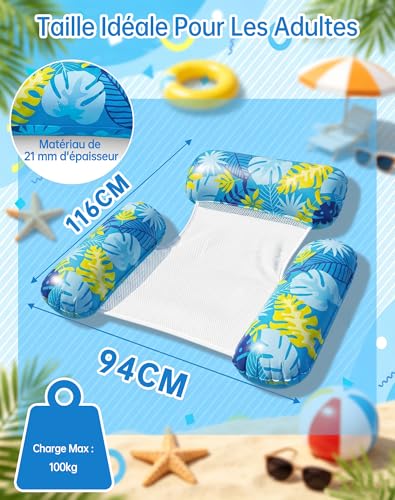 Wincany Bouee Piscine, Matelas Gonflable Piscine Epaisseur 21mm, Bouee Lounge Adulte 4-en-1 Hamac Flottant Filet, Siege d'eau Ergonomique Adulte Accessoire pour Plage Vacances