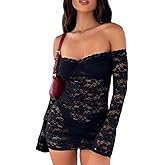 Fuimsul Women Sexy See Through Floral Lace Bodycon Mini Dress Y2k Skinny Long Sleeve Off Shoulder Mesh Lace Short Dress