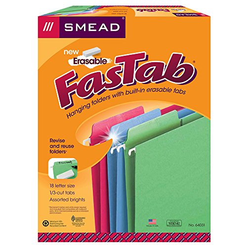 Smead Erasable FasTab Hanging File Folder, 1/3Cut BuiltIn Tab, Letter