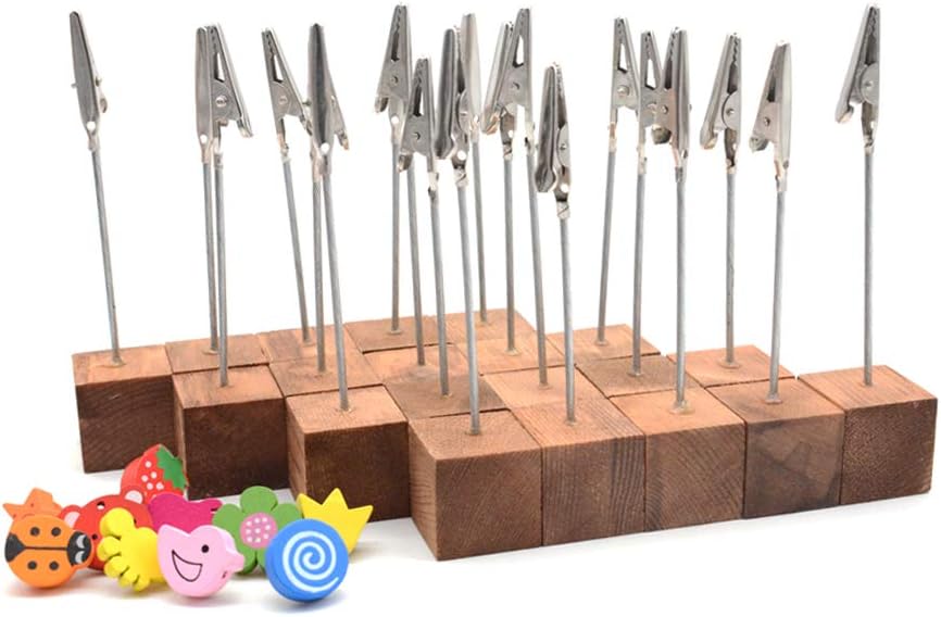 RETON 20 Pcs Lightweight Wooden Cube Base Memo Clips Holder Stand with Alligator Clip Clasp and 10 Pcs 3D Wooden Push Pins Thumb Tacks (Retro Color)