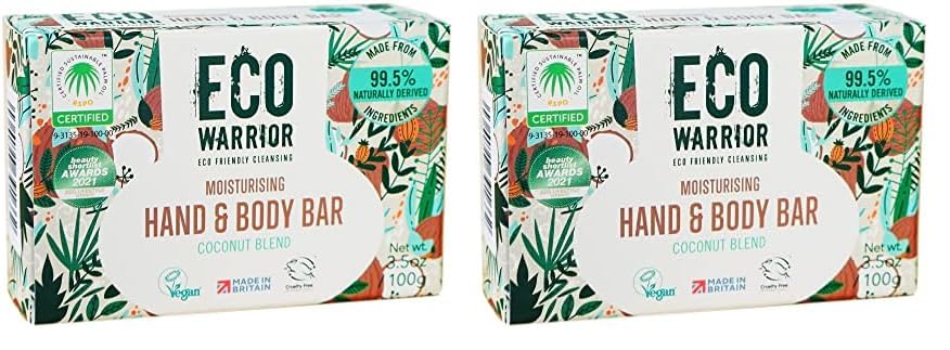 Eco Warrior Moisturising Body & Hand Soap Bar-Vegan, Cruelty Free, No SLS or Parabens, Richly Nourishing Coconut Blend and Pure Essential Oils including Vanilla-Natural, Eco Friendly Bar of Soap, 100g