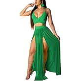 Women Sexy 2 Piece Outfits Dress Chiffon Strap Deep V Neck Bra Crop Top High Split Maxi Dresses Skirt Set Green Medium