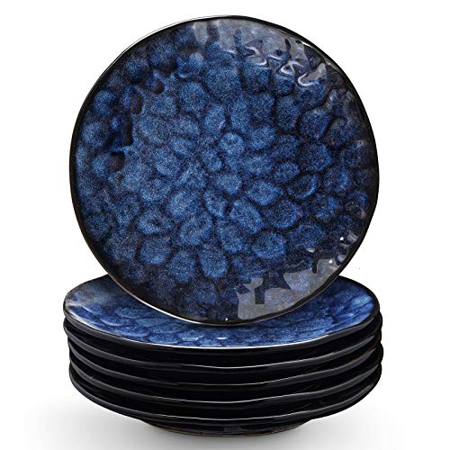 Vicrays Ceramic Dinner Plates Set, 10.5 Inch, Set of 6, Round, Microwave, Oven, Dishwasher Safe, Scratch Resistant, Porcelain Fluted Suitable for Steak, Pasta, Pizza, Home, Party, Restaurant (Blue)