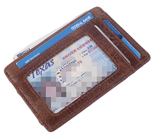 Hopsooken Money Clip RFID Front Pocket Wallet Men Leather Slim Minimalist Wallet (Brown with ID Window (Crazy Hourse Leather))