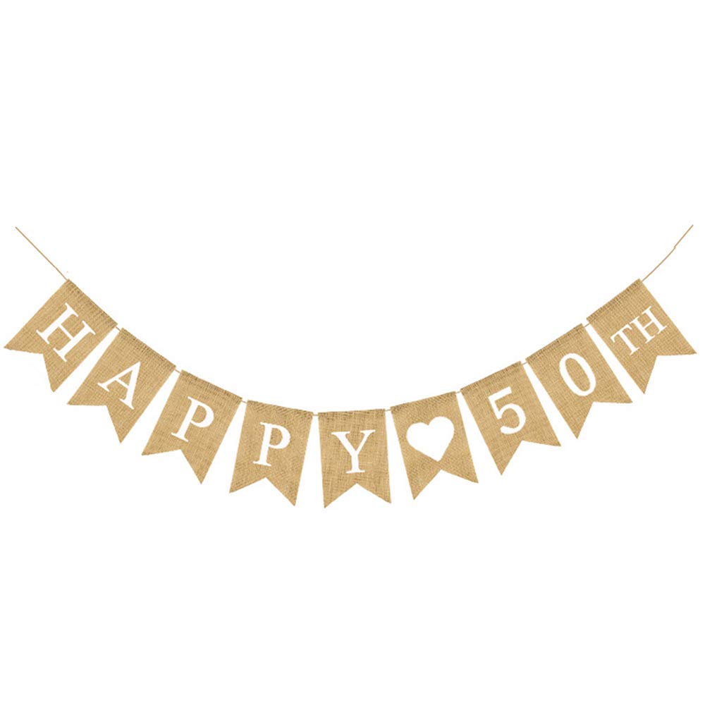 50th Birthday Bunting Burlap Banner, Happy Fifty 50 Celebrations Flag for Surprise Party Decorations