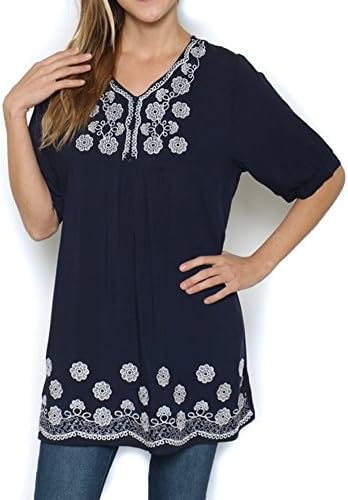 Women's Navy Embroidered Tunic Short Sleeve (Small, Navy Blue)