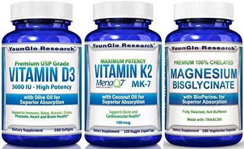 Bone &amp; Cardio Health Bundle - Vitamin D3 5000 IU plus Vitamin K2 MK7 MenaQ7 plus Magnesium Glycinate (1 Bottle of Each/3 Total)