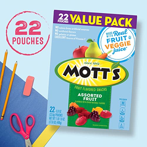 Mott's Fruit Flavored Snacks, Assorted Fruit, Pouches, 0.8 oz, 22 ct