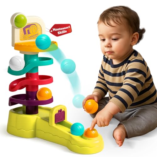 ROHSCE Montessori Ball Drop Toy for Toddlers 1-3, 2-in-1 Basketball Shooting Launcher with Spiral Ball Ramp Tower, Cause & Effect Preschool Learning, Birthday for Boys Girls
