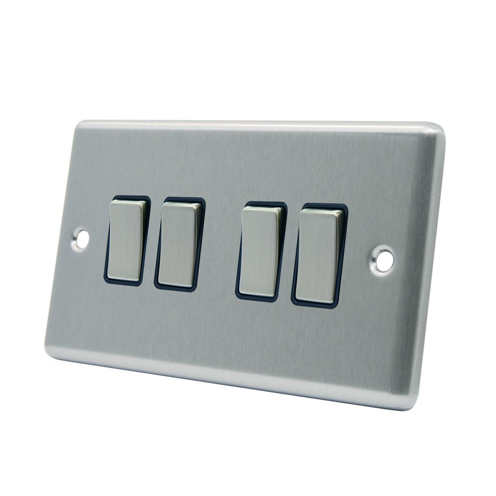 AET CSC4GSWIBS 10 A 4-Gang 2-Way Satin Finish Chrome Classical Black Insert Metal Rocker Light Switch