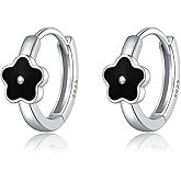 SLUYNZ Solid 925 Sterling Silver Black Flower Earrings Hoop for Women Teens Small Flower Hoop Earrings Huggie