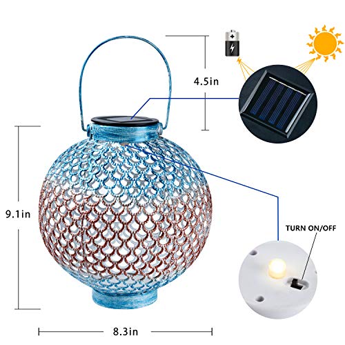 Solar Lanterns Outdoor Hanging Solar Lights with Handle Retro Waterproof Solar Garden Lantern Decor for Yard Tree Fence Patio, Blue and Brown