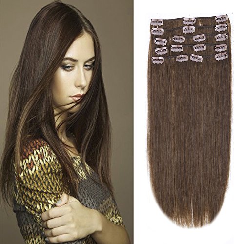 12-22inch Clip in Remy Human Hair Extensions Grade 7A Thick to End Full Head Natural Hair Long Straight 8 Pieces 18clips 95g 16"-18'', 4 Medium Brown