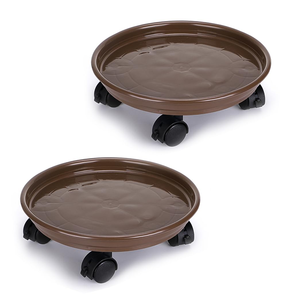 Skelang 2 Pcs Plant Caddy 30cm, Plant Pot Trolley with Brake Wheels, Plastic Planter Roller for Heavy Garden Pot, Plant Pot Stand, Loading Capacity 56kg Each (Brown)