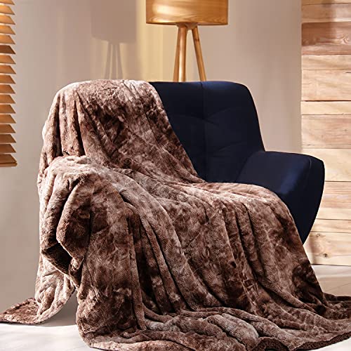 Lucian Faux Fur Throw Blanket Brown for Couch, Soft Fuzzy Plush Fluffy