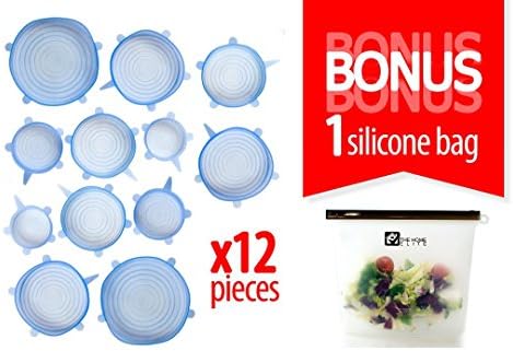 Reusable Silicone Stretch Lids – Blue – Set of 12 – Covers Pots, Pans, Cups & Bowls – Food Saver for Fresher Food – Freezer, Microwave & Dishwasher Safe – Includes 1 Silicone Food Bag