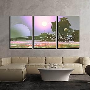 3 Piece Canvas Wall Art - Factory and Industry in Flower Fields,Sci-Fi Scene,Illustration Painting - Modern Home Art Stretched and Framed Ready to Hang - 16"x24"x3 Panels