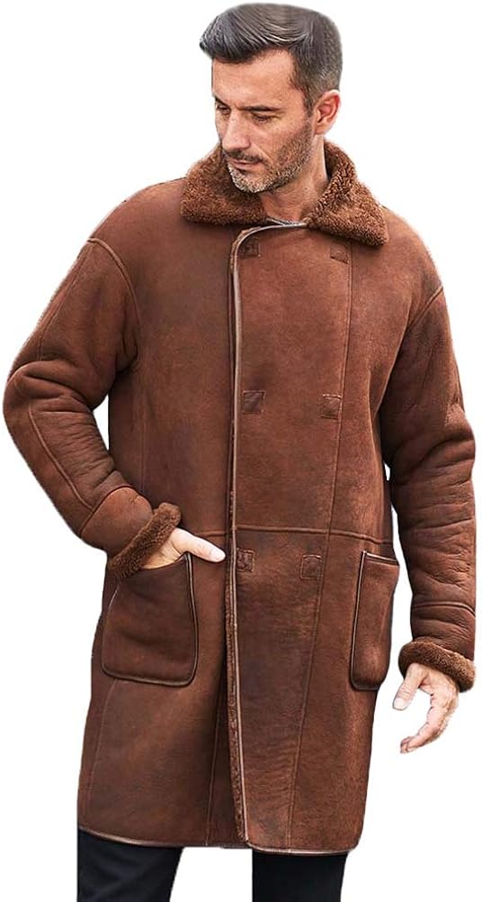 New Turkey Shearling Coat Mens Brown Leather Jacket Long Trench Coat