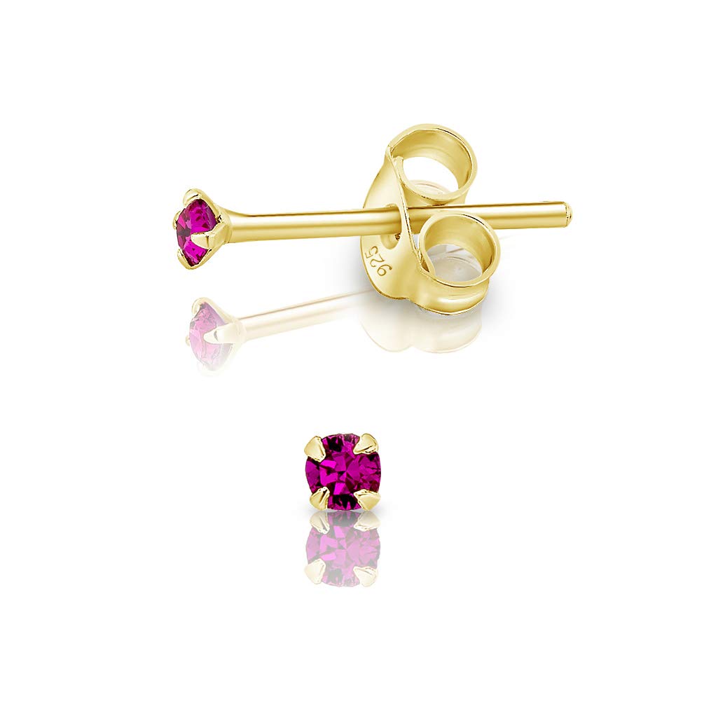 Small Solitaire Stud Earrings 925 Sterling Silver Gold Plated 24K - Tiny Gold Studs 2 mm - Minimalist Sparkle Stud Earrings with Fuchsia Crystal