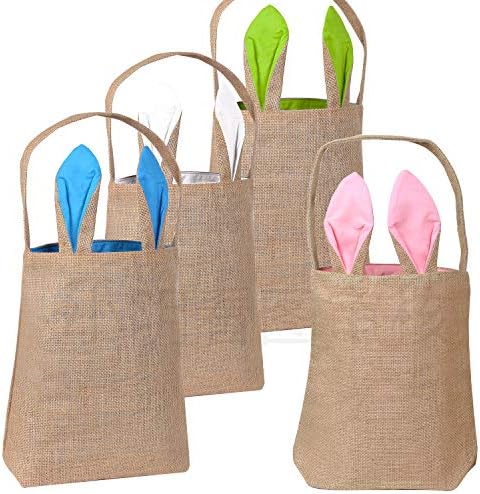 HusDow 4 Pack Easter Bunny Bags Easter Gift Bag Burlap Bunny Basket for Eggs Hunting,Assorted Colors