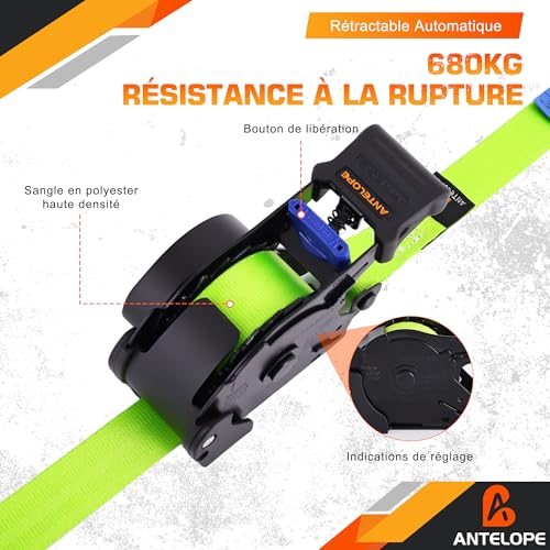 A ANTELOPE Automatic Lashing Strap 3.6 m x 25 mm, Pack of 4 Automatic Lashing Strap Reel, 340 kg/680 kg, Retractable Tie Down Straps with Ratchet and S Hooks for Motorcycle, Kayak and Truck, Green
