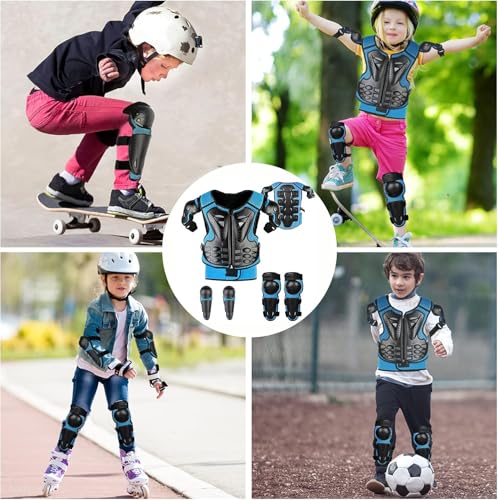 Fansport Pack of 5 Motorcycle Protective Jackets, Children's Motorcycle Armour with Knee Pads, Elbow Pads, Chest Armour, Racing, for Outdoor Sports - 4/6/8/10/12/14 Years