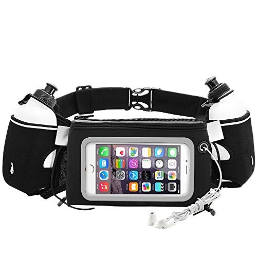 iRainy Neoprene Water-Proof Hydration Running Belt W Touchscreen Zipper Pockets Fitness Workout Belt with Two 12oz BPA-Free Leak-Proof Water Bottles Belt Fits All Smartphones