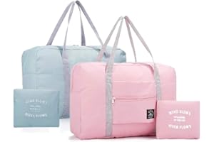INVODA Travel Duffel Bag 2PCS Foldable Luggage Sports Tote Gym Carry On Weekender Overnight (Green+Pink)