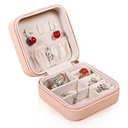 PUSU PU Leather Small Jewelry Box Organizer Portable Travel Display Storage Case for Rings Earrings Necklace (Pink) - Thumbnail 7