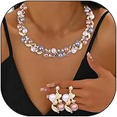 GIGB PBDK Crystal Pearl Earrings Necklace Set for Women,Boho Vintage Layered Rhinestone Beaded Collarbone Choker,Gold Pearl Dangle Earrings Wedding Jewelry Gift