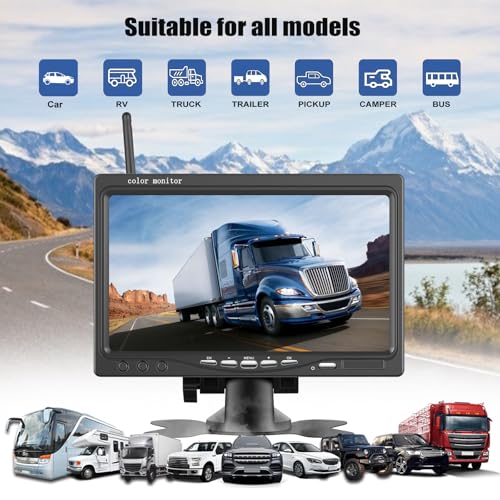 CAMECHO Wireless Reversing Camera IP68 Waterproof Night Vision Wide Angle Camera with 7 Inch HD Monitor for All Models, 12V-36V High Performance Chip with Line Reverse