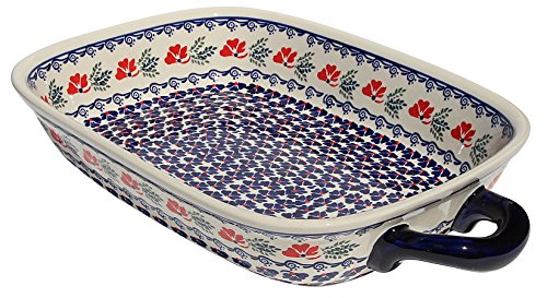 Click Here to See More Images Polish Pottery Baking Dish with Handles From Zaklady Ceramiczne Boleslawiec #1345-1115 Classic Pattern, Depth: 2.5
