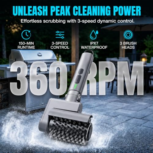 2026 Upgraded Electric Grill Brush Cordless, 3-in-1 Rotary BBQ Cleaner with 3-Speed Control & Adjustable Head, Grill Cleaning Brush, Stainless Steel & Porcelain Grates, BBQ Gift for Men & Dad