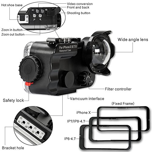 MEIKON iPhone X/6/7/8 Waterproof Case Black Bluetooth Control,195FT/60M IPX8 Certified Waterproof Underwater Swimming Diving Surfing Snorkeling case with Wide Angle Dome Port Lens(NO Battery)