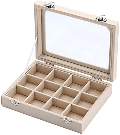 Ivosmart12 Slot Velvet Glass Jewelery Box Ring Earrings Holder Display Organizer Tray Storage Case (Beige)