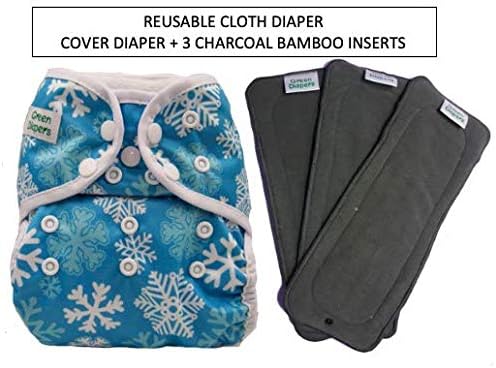 Green Diapers Reusable Diaper Cover with 3 Charcoal Bamboo Inserts (Let It Snow)