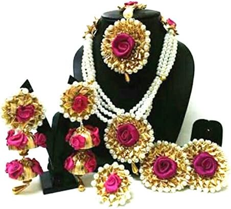 QUVYARTS Non-Precious Metal Flower Gota Patti Jewellery Set with Earrings, Maang Tika, Bracelets & Ring for Women's & Girls (7 Items) (Pink)