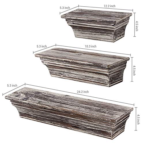 MyGift Rustic Torched Wood Wall Mounted Display Floating Shelves for Bathroom, Kitchen, Bedroom, Living Room, Set of 3