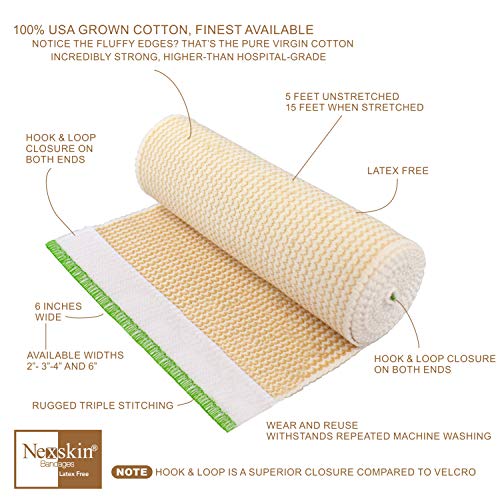 NexSkin Elastic Compression Wrap (6" Wide, 2 Pack) with Hook and Loop Fasteners at Both Ends | Stretch Cotton Athletic Bandage Roll | Support & First Aid for Sports, Medical, and Injury Recovery