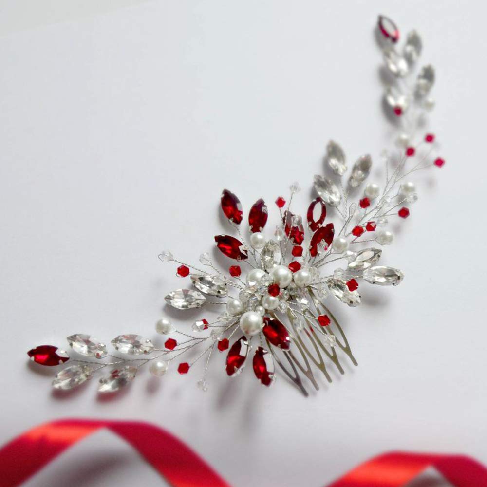 Photo 1 of Aimimier Bridal Red Crystal Hair Comb Ruby Hair Vine with Comb Pearl Hair Piece Prom Party Festival Wedding Hair Accessories for Women and Girls