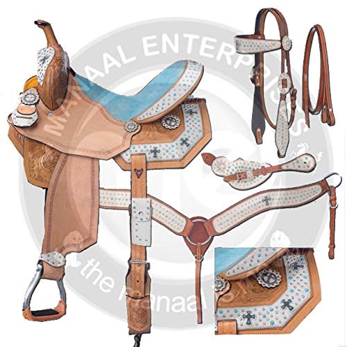 ME Enterprises Premium Leather Western Barrel Racing Adult Horse Saddle Tack, Size 14″-18″ Inches Seat Available, Free Matching Leather Headstall, Breast Collar, Reins (17″ Inches Seat, Saddle_3)
