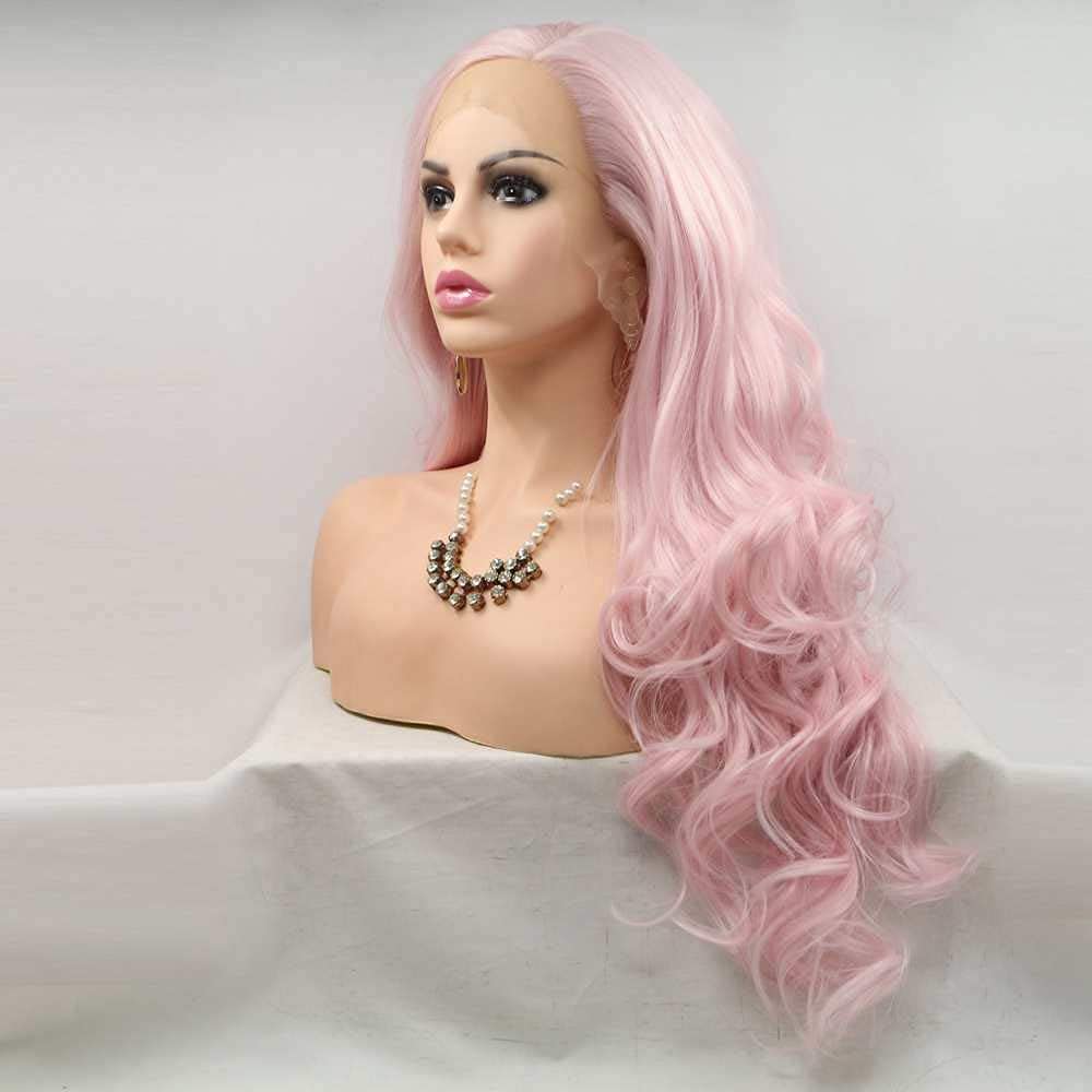 Xiweiya Long Wavy Pink Synthetic Lace Front Wig - Middle Part, Heat Resistant Fiber for Women, Drag Queen - 24 Inch โ image 1