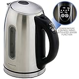 Ovente 1.7L BPA-Free Stainless Steel Electric Kettle, Cordless with Temperature Control and Keep Warm Function, Auto Shut-Off and Boil-Dry Protection, Brown, NO BEEP (KS89S)