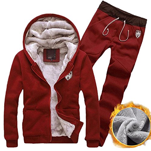 Mens Tracksuit Warm Sport Jogging Sweat Suits Hooded Sweatshirt Hoodies Coat & Bottoms Set (L, Red)