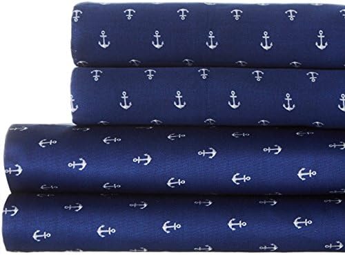 300tc Anchor Print 100% Cotton Sheet Set by Coastal Life (Full, Navy Blue/White)