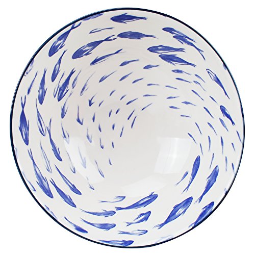 YALONG 40-Ounce 8 inch Porcelain Blue Serving Bowls for Soup Salad Ramen Pasta with Fish Design, Pho bowl Set of 4