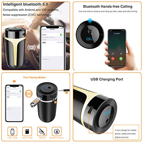 Bluetooth FM Transmitter for Car with USB Portable Car Humidifier,Wireless FM Transmitter Radio Adapter Car Kit with Hands Free Calling,USB Charging Ports,U Disk,TF Card,MP3 Music Player,7 Color,300ml