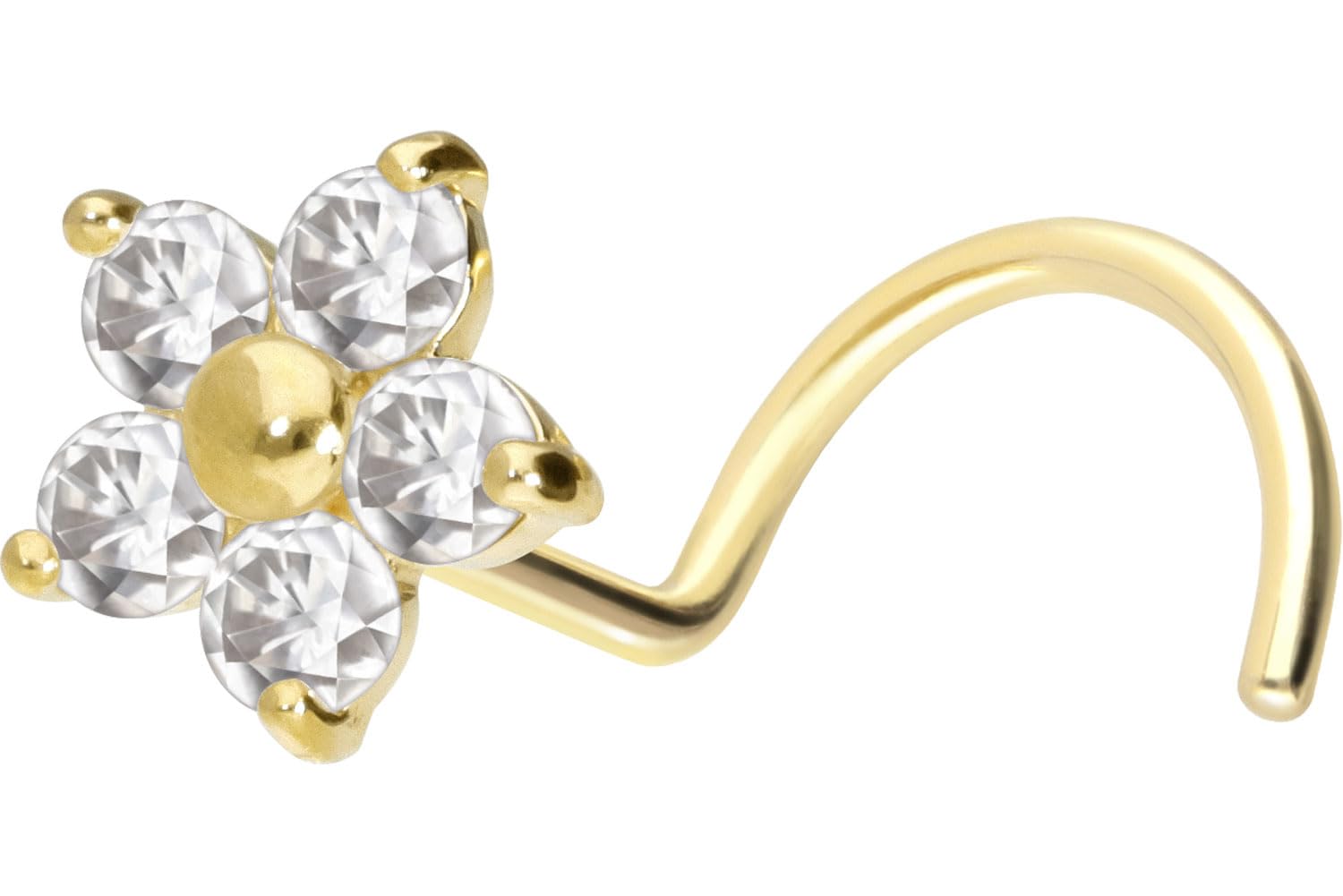 PIERCINGLINE 14 Carat or 18 K Nose Piercing Spiral Moissanite Flower Piercing Nose Stud Choice of Colours, 6 mm Stablänge, Yellow Gold, Moissanite