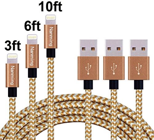 3Pcs 3FT 6FT 10FT Extra Long Nylon Braided Charging Cable Cord 8-Pin Lightning to USB Cable Charger Compatible with iPhone 7/ 7Plus/6/6s/6plus/6splus, iPhone5/5s/5c,iPad, iPod,iPod (Coffee+Silver)